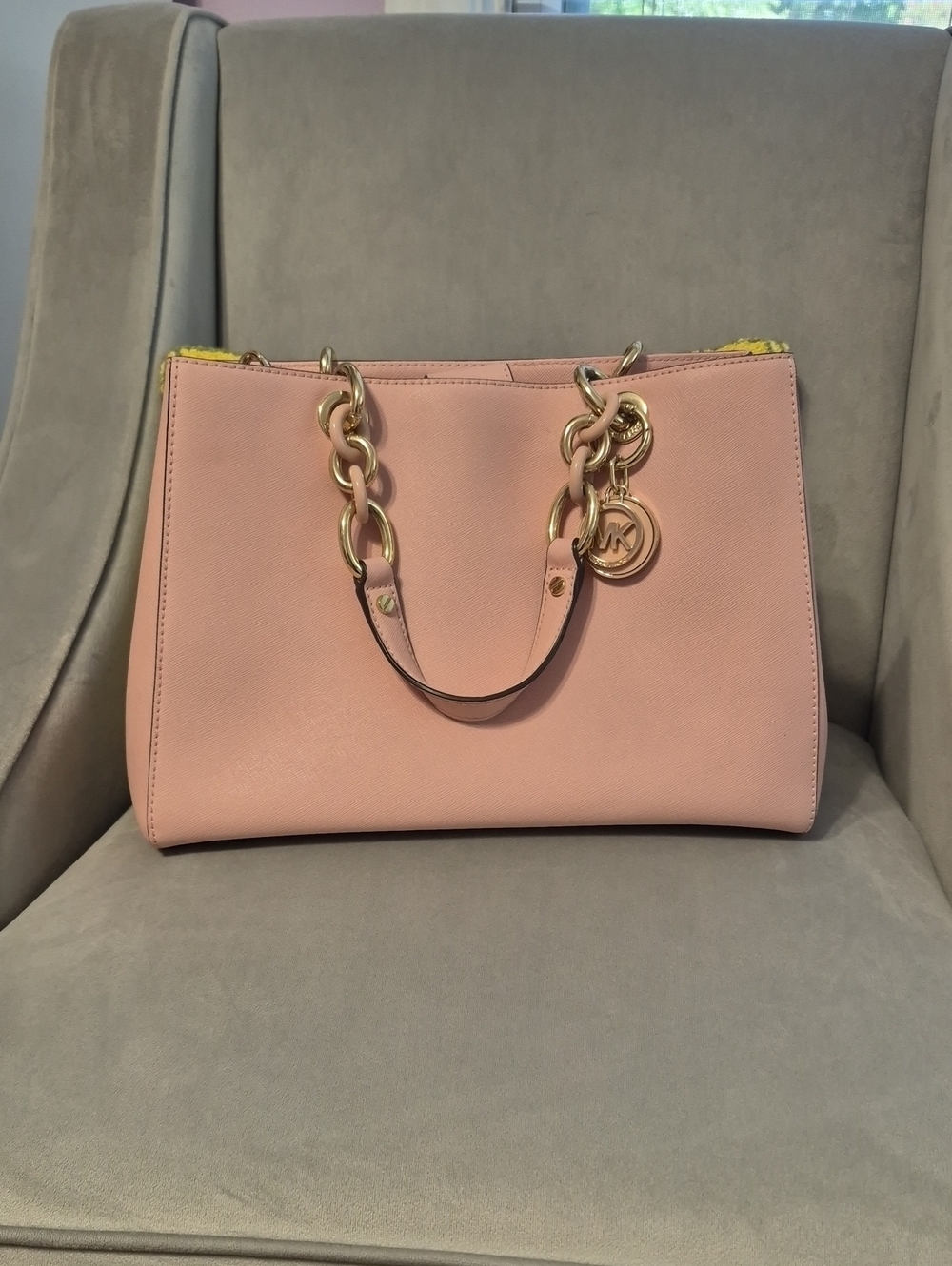 MICHAEL KORS Cynthia Blossom Pink Saffiano Leather Tote with Gold Chain